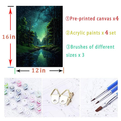 Lovepefe Starry Sky Paint by Numbers Kit for Adults, 4 Pack Country Night Paint by Number Kits for Beginner Moon Acrylic On Canvas DIY Oil Painting Kit for Gift Home Wall Decor 12x16 Inch