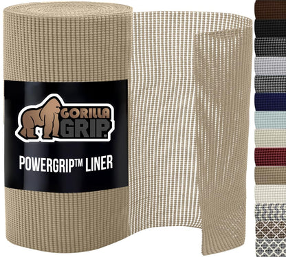 GORILLA GRIP powerGRIP Drawer Shelf and Cabinet Liner, Thick Strong Hold, Non-Adhesive Liners Protect Kitchen Cabinets and Cupboard, Bathroom Drawers, Easy Install, Breathable Mat, 12" x10', Beige
