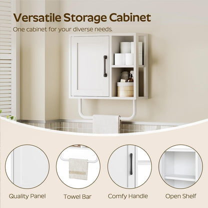 YATINEY Medicine Cabinet, Bathroom Wall Cabinet with Towel Bar, Over The Toilet Storage Cabinet with Adjustable Shelf and Open Partition, for Bathroom, Laundry Room, Living Room, Kitchen, White