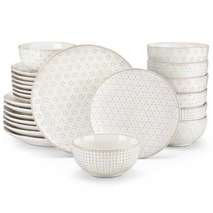 MALACASA 24 Piece Dinnerware Set, Embossed Ceramic Dish Sets Service for 8, Plates and Bowls Set, Durable Stoneware Tableware for Family Dinners, Dishwasher & Microwave Safe