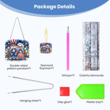 TLIOBLO Patriotic Old Couple Hanging Diamond Art and Key Chains Pendants Boards, Special Shaped Diamond Painting Hanging Sign with Chain Decoration
