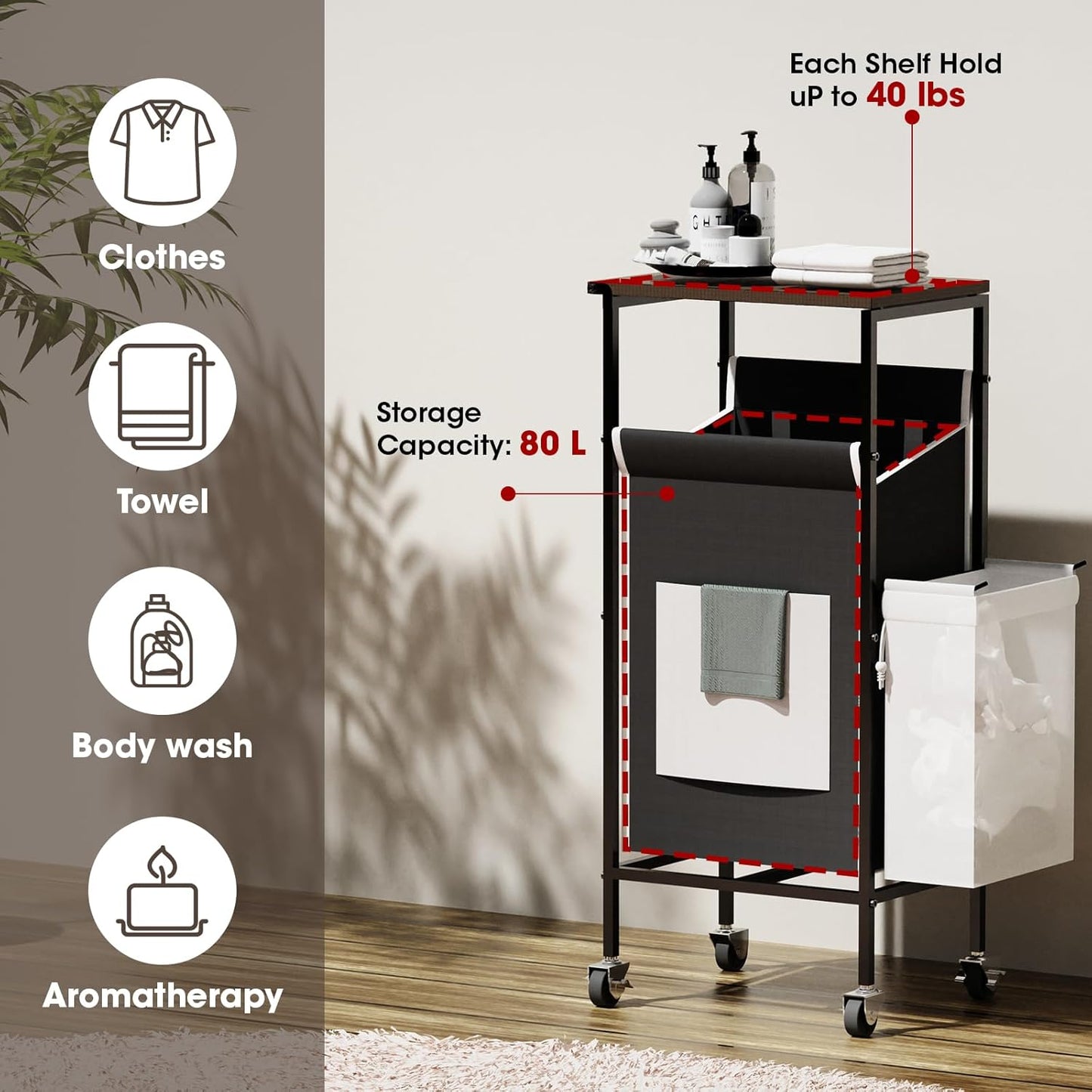 Laundry Hamper with Lid,Rolling Laundry Basket with Wheels,Metal Frame Sorter with Top Shelf and Removable Launddry