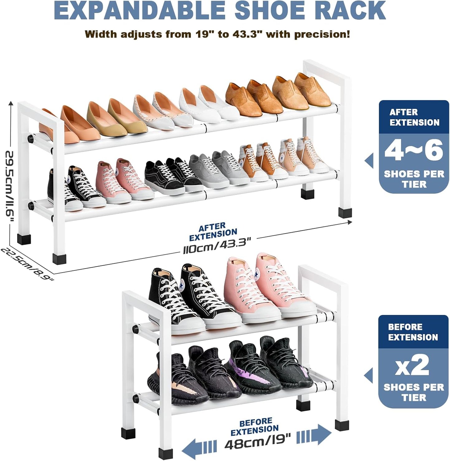 2-Tier 19"-43.3" Closet,Hall Mavivegue Expandable Shoe Rack, Adjustable Shoe Rack for Entryway,Front Door,Garage
