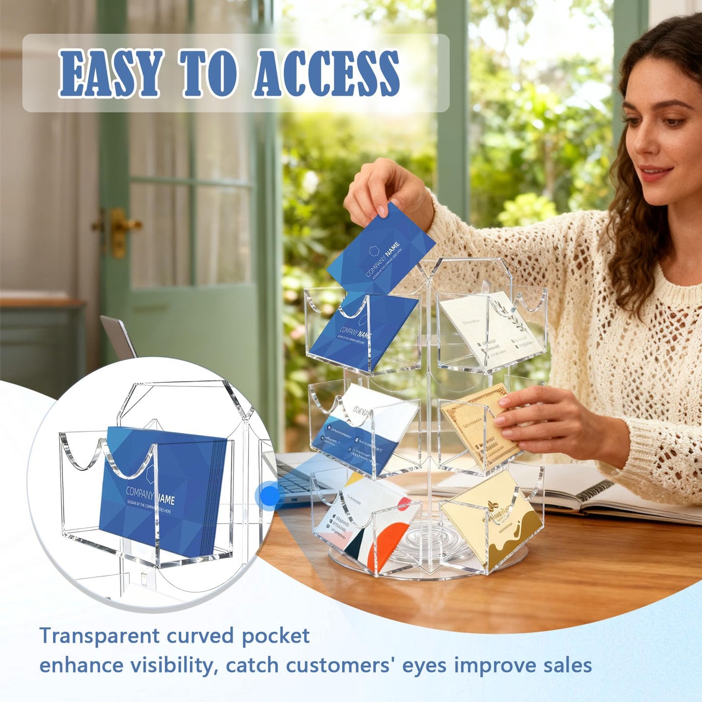 Girouetes Spinning Sticker Display Stand for Vendors, Acrylic Clear 360° Rotating Sticker Card Holder for Retail, No Assembly Required 3 Tier 9 Pockets Business Card Organizer Rack for Tabletop Office Home Desk