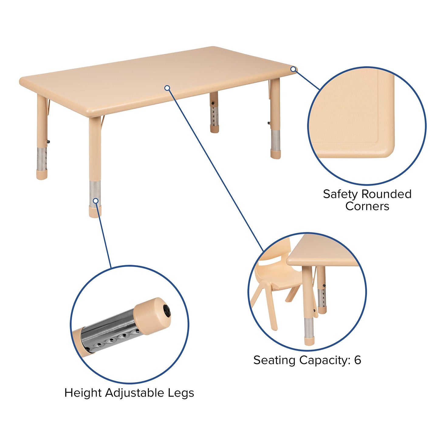 BizChair 24" W x 48" L Rectangular Natural Plastic Height Adjustable Activity Table Set with 6 Chairs