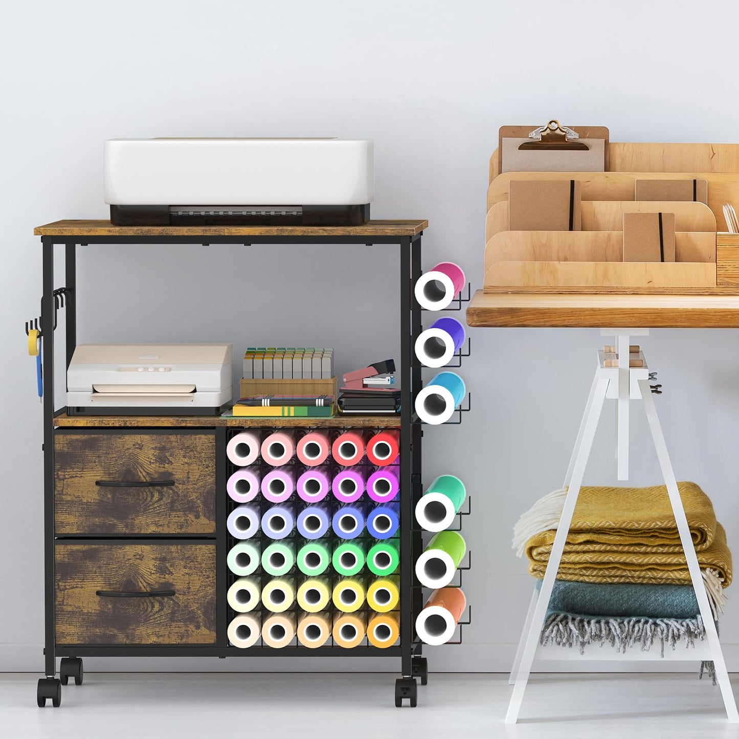 Craft Table Compatible with Cricut Machines Rolling Craft Storage Cart with Vinyl Roll Holders, Crafting Table Workstation with 2 Fabric Drawers, Locakable Wheels, Rustic Brown