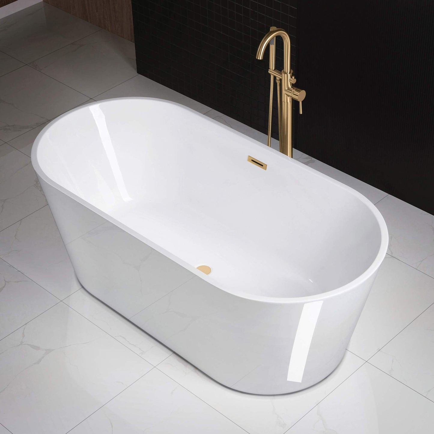 WOODBRIDGE 67" Acrylic Freestanding Bathtub Contemporary Soaking White Tub with Brushed Gold Overflow and Drain，B0013 -BG-Drain &O