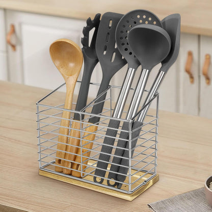 Utensil Holder for Kitchen Counter, Metal Rack for Cooking Tools Storage, Sturdy Base with Drainage Hole (Chrome Wooden)