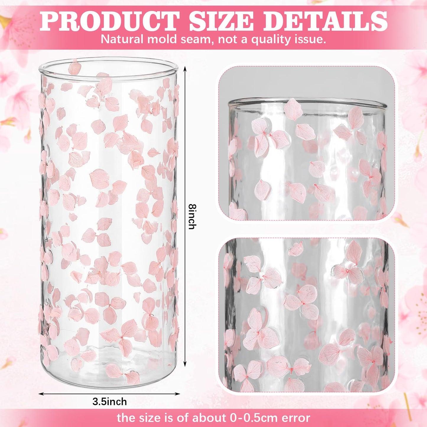 Ferrochef 8 Inch Pressed Flower Vase Clear Pink Glass Pressed Floral Vase Real Flower Art Decorative for Home Kitchen Bedroom Office Living Room Shelf Centerpiece Table Wedding Housewarming Gift