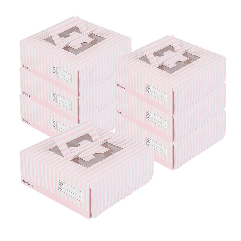 Restaurantware Cater Tek 9 x 9 x 3.5 Inch Cake Boxes 50 Disposable Lunch Boxes - Display Window Pop-Up Handles Pink and White Paper Pastry Boxes Grease Impermeable Shipped Flat