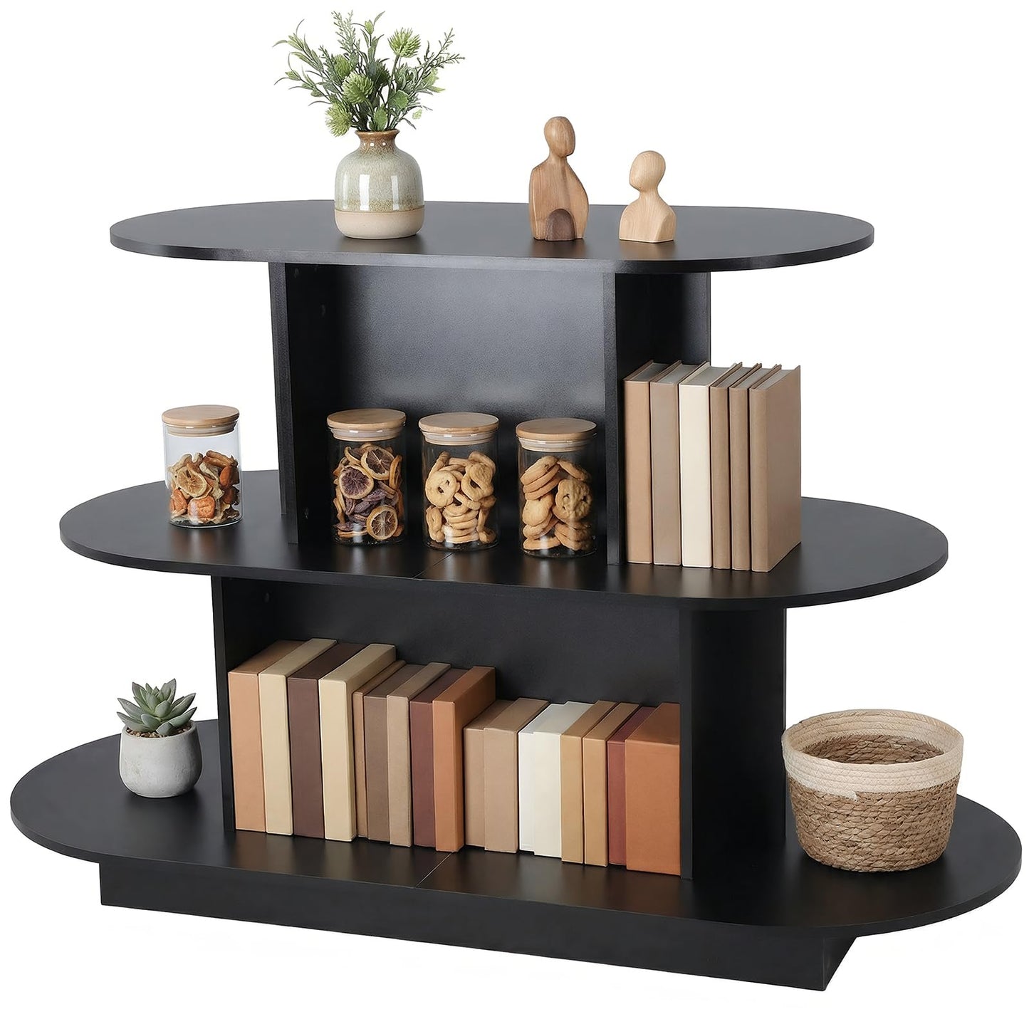 3 Tier Wooden Oval Display Table Modern Standing Display Riser Shelf Retail Table for Stores Vendor Events 55in W x 23.6in D x 35in H