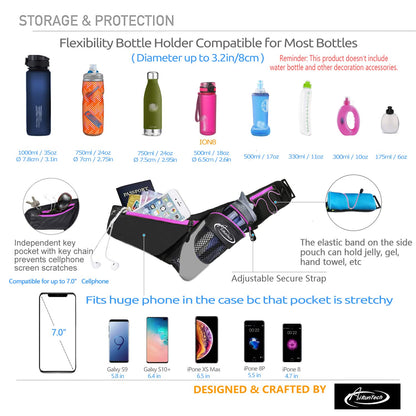 AiRunTech Upgraded No Bounce Hydration Belt Can be Cut to Size Design Strap for Any Hips for Men Women Running Belt with Water Bottle Holder with Large Pocket Fits Most Smartphones(Pink)