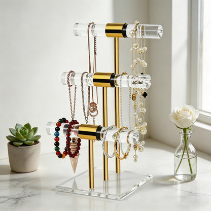 3 Tier Tangle-free Bracelet Display Stands, Acrylic T-Bar Jewelry Display Holder, Clear Gold Necklace Organizer with Stainless Rod, Women Men Vendors Retail Store Counter Jewelry Hanging Stand