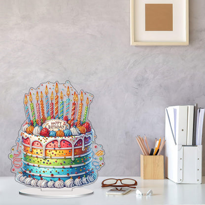 VODAPYC Birthday Party Diamond Art Tabletop, DIY Stand Up Double Sided Special Shaped Partial Diamond Art Desktop Ornaments for Home Decor(Happy Birthday Cake)