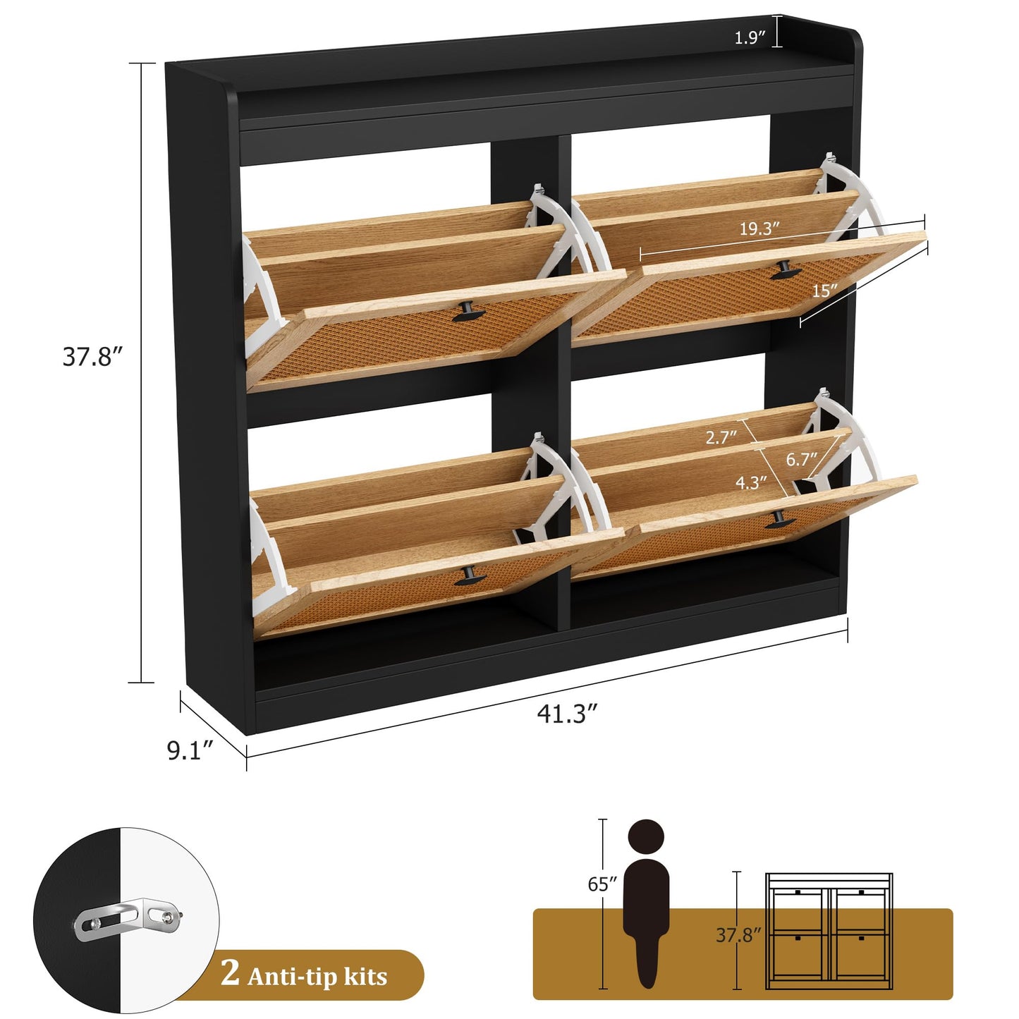 Garvee Shoe Storage Cabinet with 4 Deep Flip Drawers, Wood Shoe Cabinet with Rattan Doors and Adjustable Shelves- Freestanding Shoe Organizer for Entryway, Hallway (Black, 4 Drawers- 2PCS)
