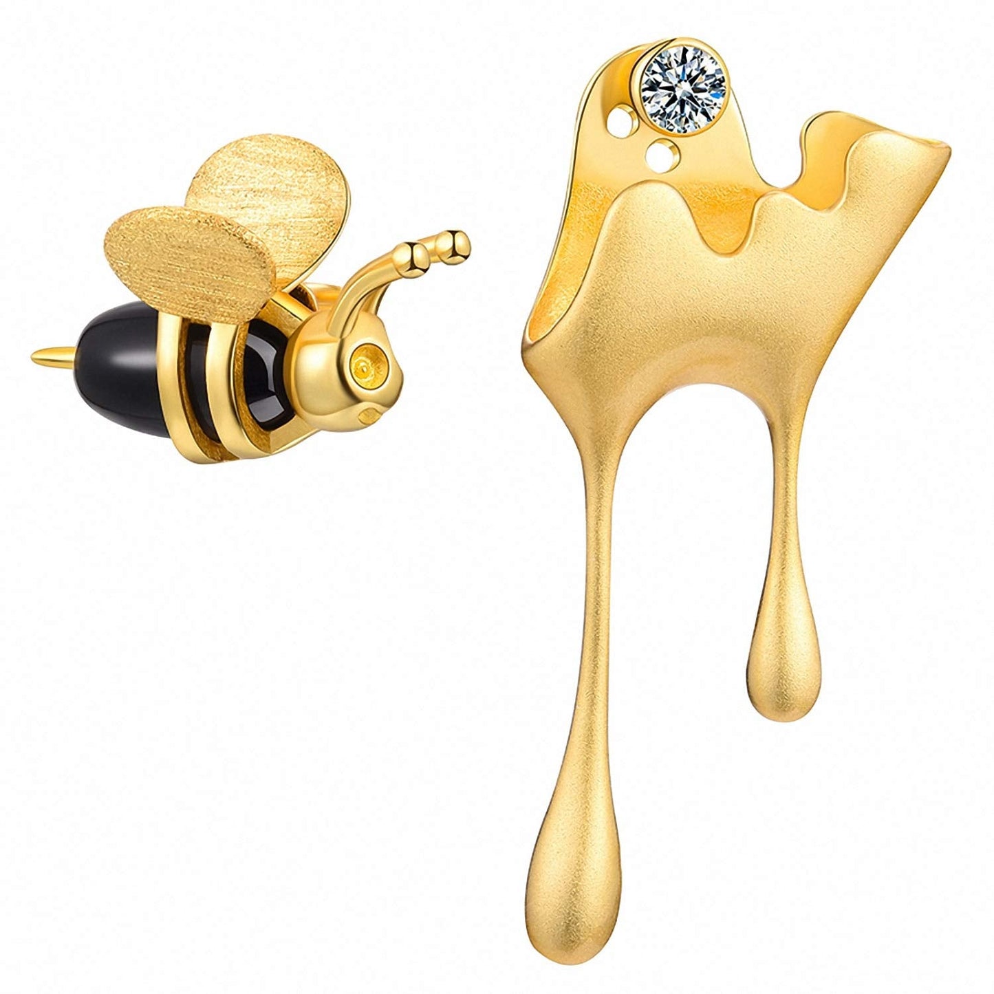 Lotus Fun S925 Sterling Silver Earrings Bee and Dripping Honey Asymmetric Stud Earrings, Creative Handmade Unique Jewelry Gifts for Women (Gold)
