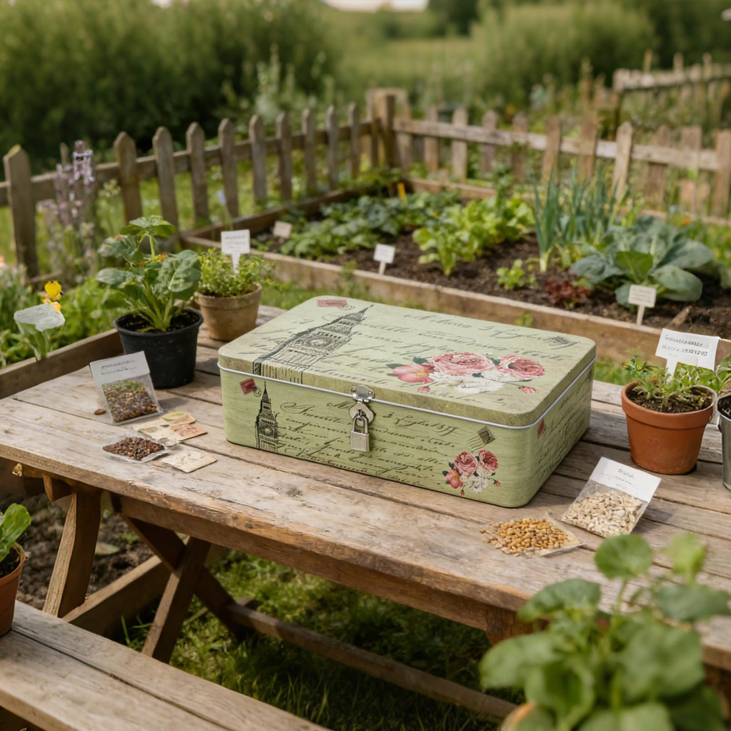 DreamsEden Seed Storage Box with Lock and Key, Metal Seed Organizer for Garden Packets, Waterproof Seed Saver Container, Rustic Decorative Box for Tea Sewing Letters, Gift for Gardeners Homesteaders