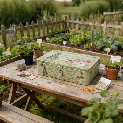 DreamsEden Seed Storage Box with Lock and Key, Metal Seed Organizer for Garden Packets, Waterproof Seed Saver Container, Rustic Decorative Box for Tea Sewing Letters, Gift for Gardeners Homesteaders
