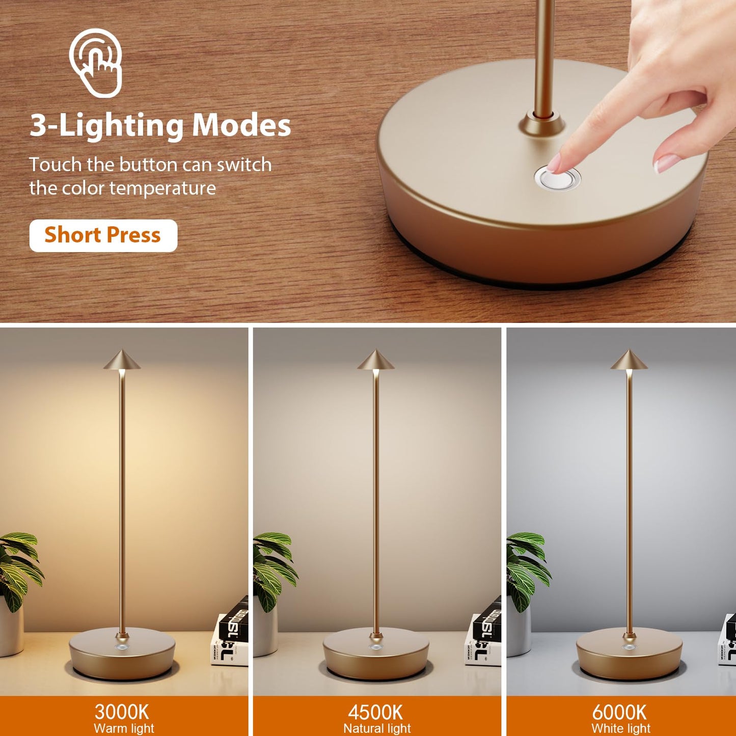 YIBEN 2Pack Rechargeable Cordless Table Lamp, Portable Powered LED Battery 6000mAh Metal USB Desk Lamp, 3 Levels Brightness Light for Restaurants Outdoor (2pack Titanium)