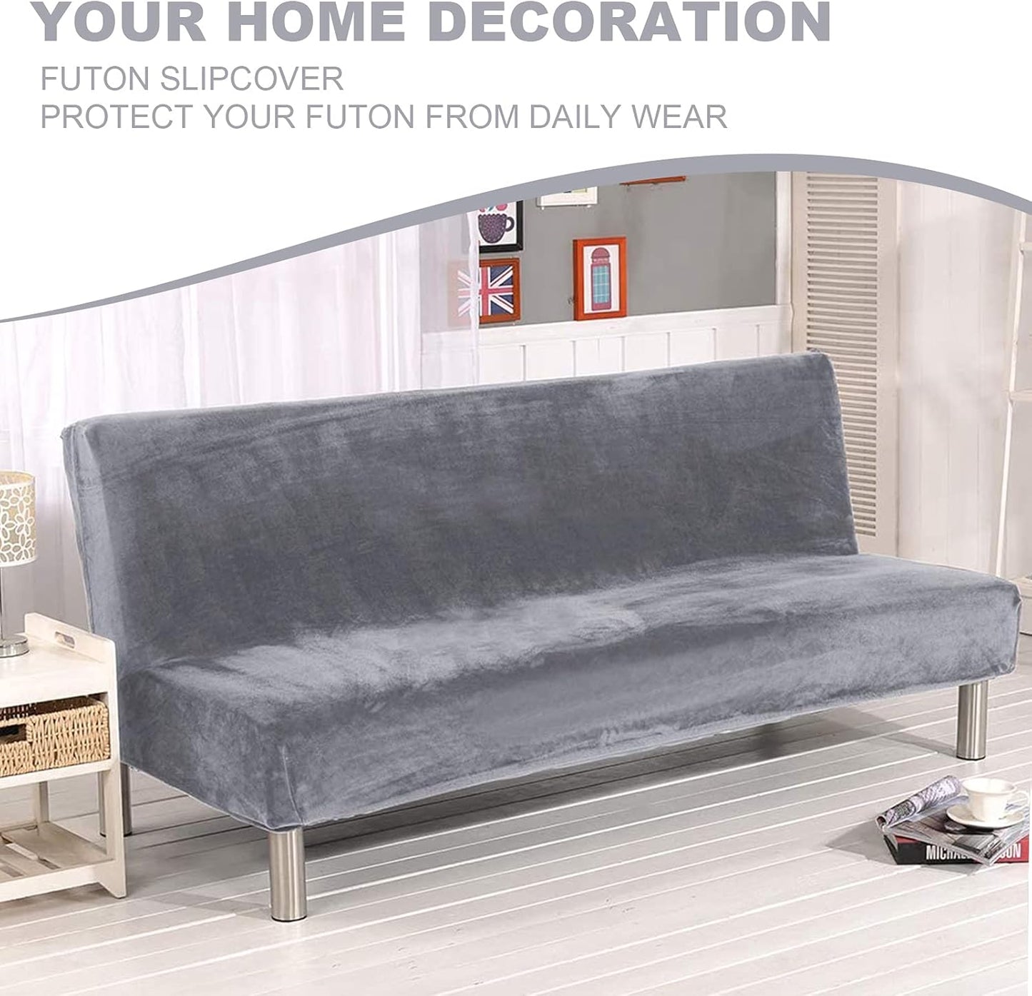 ele ELEOPTION Armless Sofa Slipcover, Stretch Velvet Futon Cover Protector, Modern Simple Folding Couch Cover