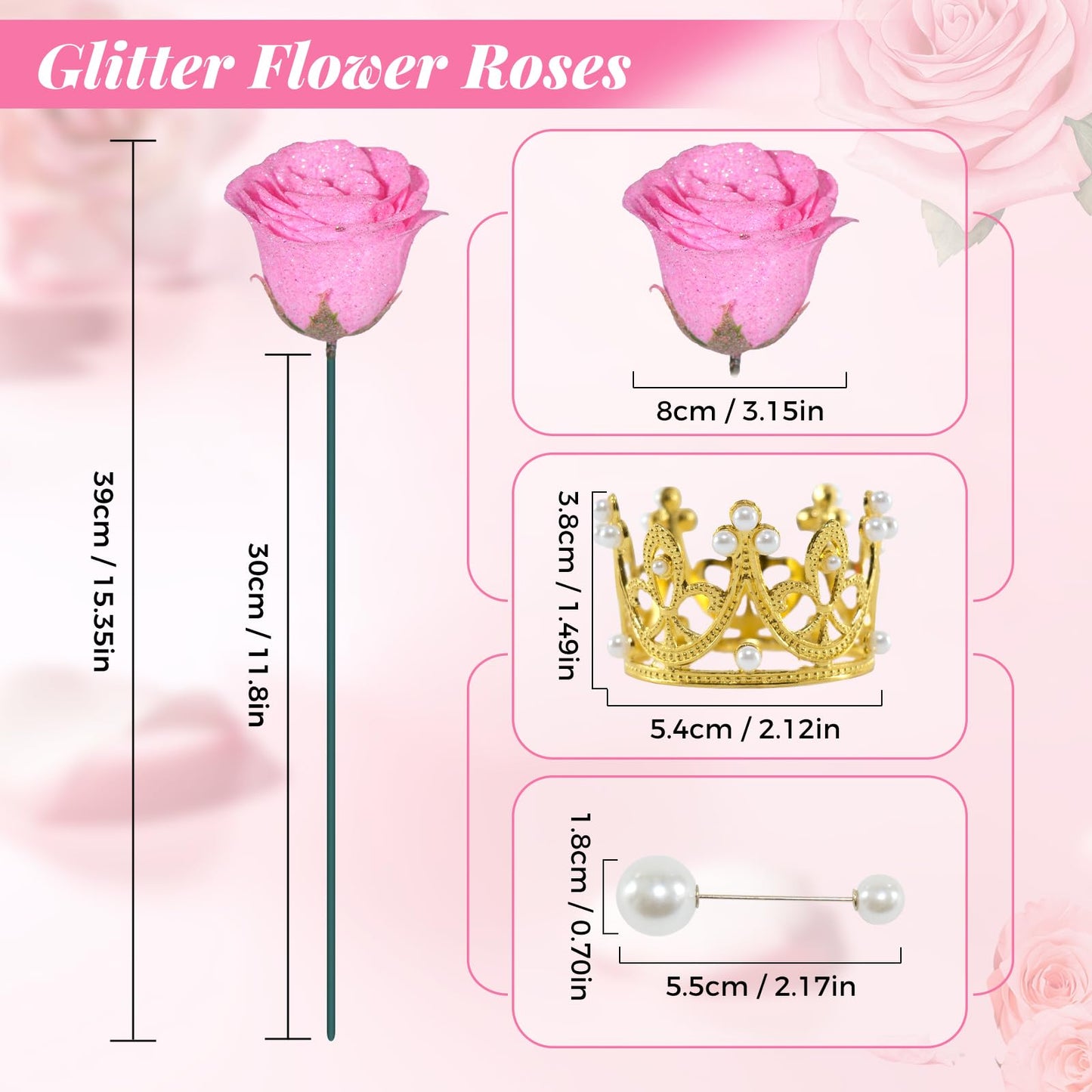 Pink Glitter Roses Bouquet, 24 Pcs Shiny Glitter Flowers Bouquet, Everlasting Artificial Roses Bouquet for Mothers Day, Birthday, Anniversary, Wedding, Engagement, Christmas