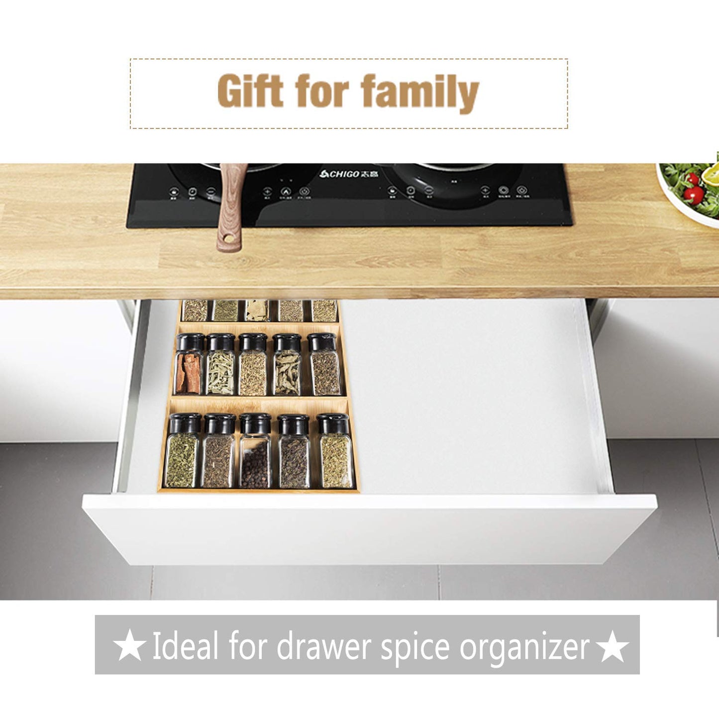 Sansnow 3-Tier Bamboo Drawer Spice Rack Wooden Kitchen Cabinet Spice Organizer Spice Jar Holder, Medicine/Health Care/Vitamin Bottles Storage Rack (Pre-Measure Drawer Dimensions), 1 Pack Drawer Rack