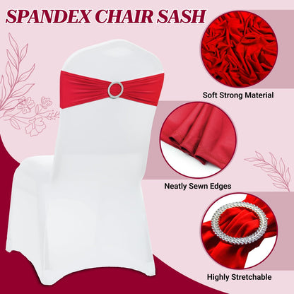 MDS Spandex Chair Sashes - 150 Universal Elastic Stretch Bands with Buckle Slider Bow | Red