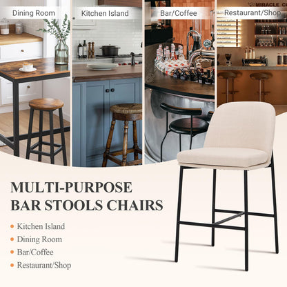 MALOL Bar Stools Set of 4, Modern Upholstered Counter Height Bar Chairs with Cushioned Seat and Curved Back, Fabric Kitchen Island Stools with Sturdy Metal Legs for Dining Room Island Bar, Beige