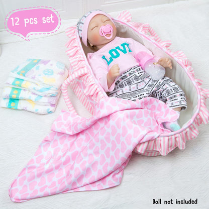 PEDOLLTREE 12 Pcs Reborn Baby Dolls Clothes Girl Outfit Accessories for 17-22 Inch Reborn Doll Newborn Girl with Pink Love Heart Bassinet