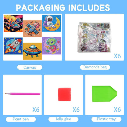 MXCFZX 6 Pack 5D Space Astronaut Diamond Painting Kits for Kids Beginners,Cute Alien/Spaceship DIY Diamond Art Kit for Kids,Easy Full Round Drill Big Gem Art for Kid,Home Wall Decoration 6X6 inch