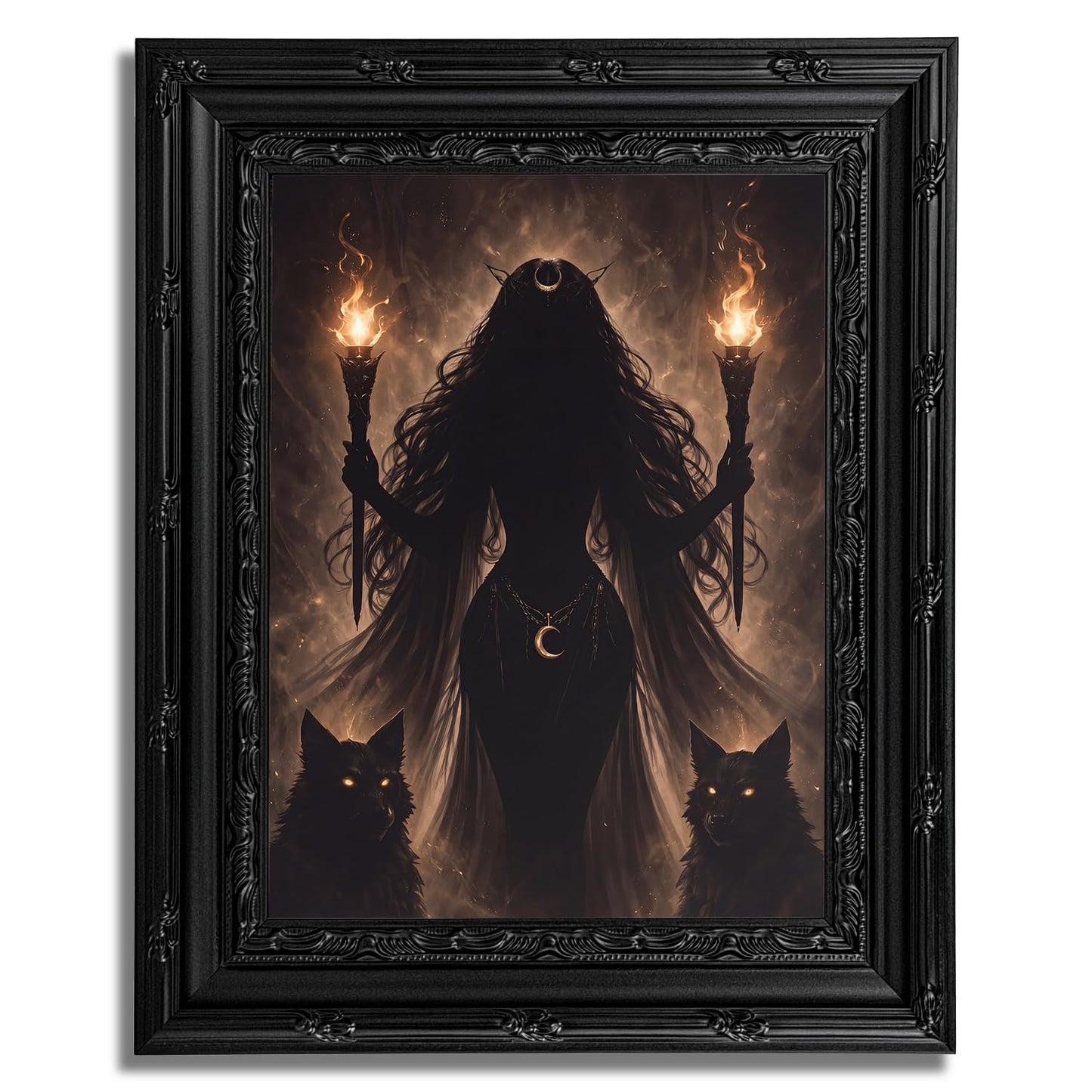 Dezrobew Gothic Witch Wall Art Dark Fantasy Black Wolves Painting Dark Academia Decor Mystical Moon Artwork Black Framed Picture for Bedroom Living Room Office 9''X11''
