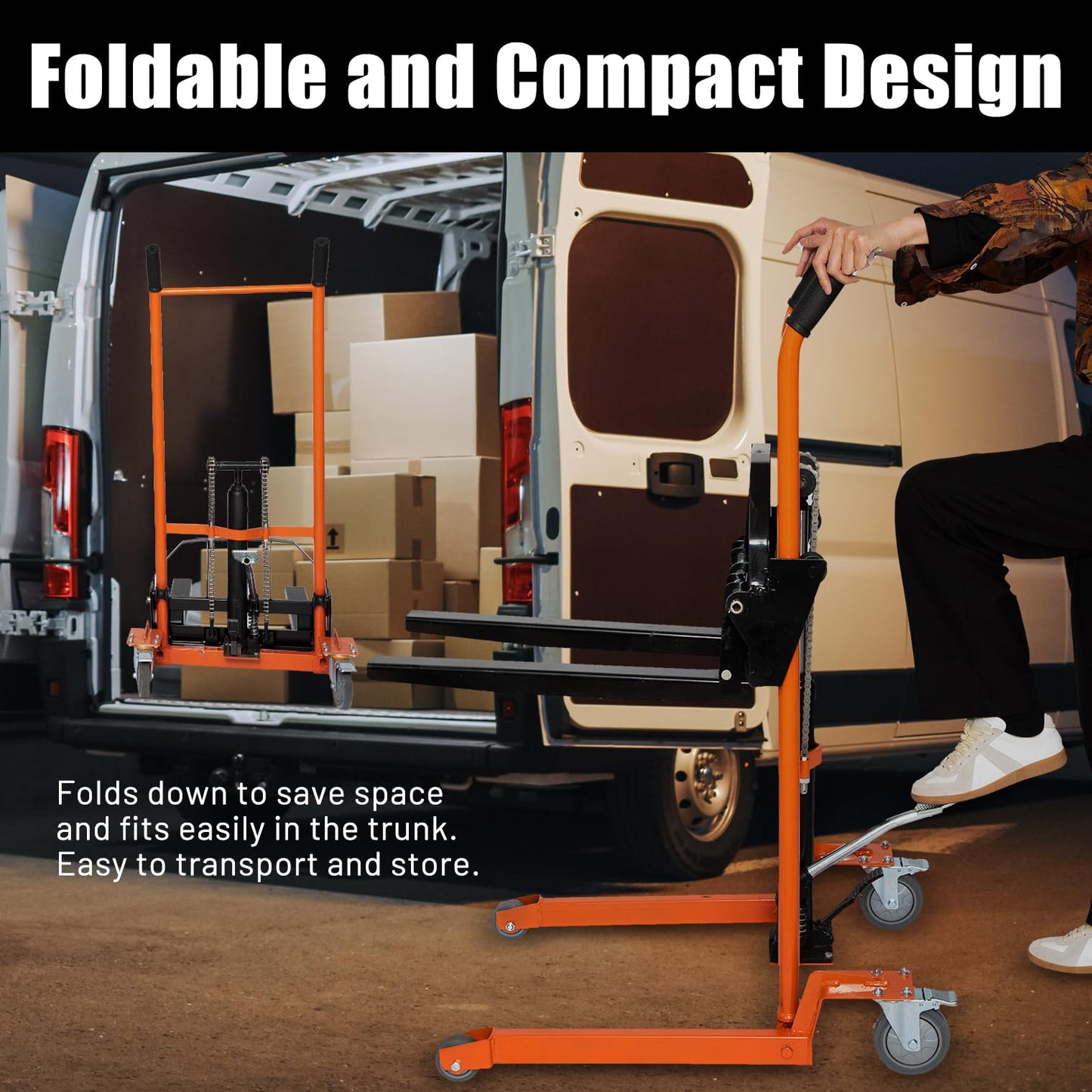 Reykilor Hydraulic Material Lift Winch Stacker w/Wheels, Foldable Forklift Pallet Stakcer, Heavy Duty Rolling Manual Lift Table, Adjustable Pallet Truck Carrier Dolly Fork Lift for Warehouse Garage