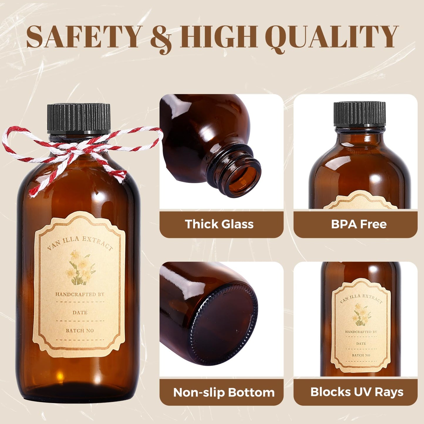Jarsoph 4oz Amber Glass Bottles 8 PCS - Brown Boston Round Glass Bottles for Homemade Vanilla Extract, Essential Oils, Herbal Medicine, DIY Crafting - UV Protective 8 Pack Bottles for Syrup, Sauce
