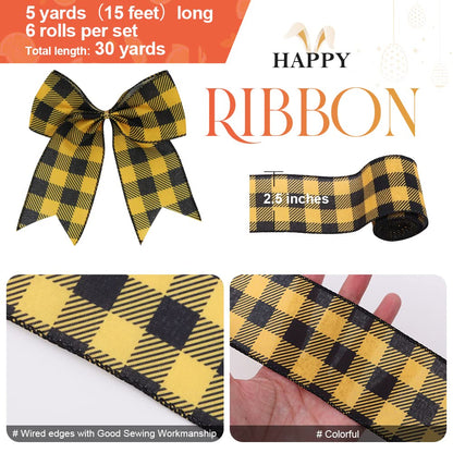 SiCai Ribbon 6 Rolls 30 Yards Bee Ribbon,Wired Edge Ribbon,Honey Ribbon for Spring Summer Craft Wrapping,2.5 inches Stripes,Polka,Dots,Gnome Ribbons Floral Arrangements,Packages,Home Decor