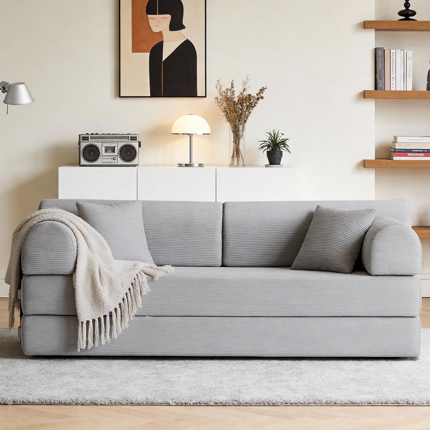 78-Inch Oversized Loveseat Boneless Foam Couch Convertible Mattress Sleeper Bed and Floor Lounge Chaises for Living Room Office, Boucle Upholstered Compressed Cloud Sofa