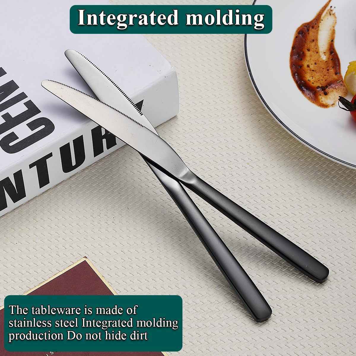 Black Dinner Knives Set, 12 Pieces, Titanium Plating Stainless Steel, Dishwasher Safe Cutlery Set
