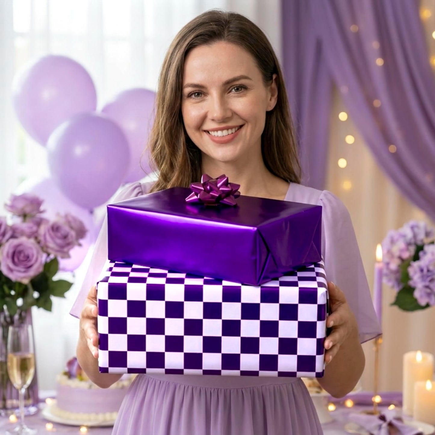 Homeral Purple Wrapping Paper Roll - 17 In x 33 Ft Matte Metallic Solid Color & Purple and White Checkered Reversible Gift Wrapping Paper for Birthday, Wedding, Christmas, Valentine, Baby Shower