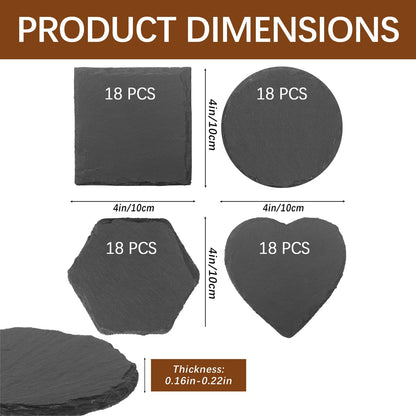 72 Pcs Slate Coasters for Laser Engraving Blanks Slate Coasters Bulk for Engraving Black 4 Inch Blank Laser Engraving, Hand Painted, Scratch Resistant Bottom 18Square+18Round+18Heart+18Hexagon