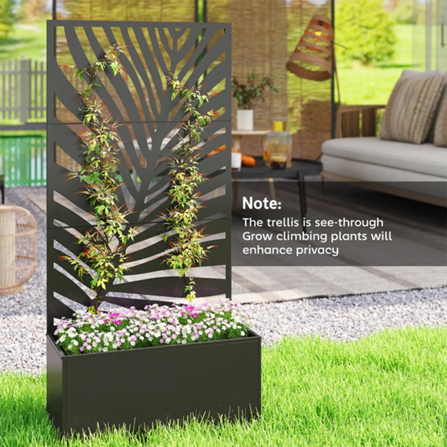 Amgalers Leaf Cutout Privacy Screen Planter Box with Trellis, Metal Raised Garden Bed for Patios, Balconies & Gardens(Large)