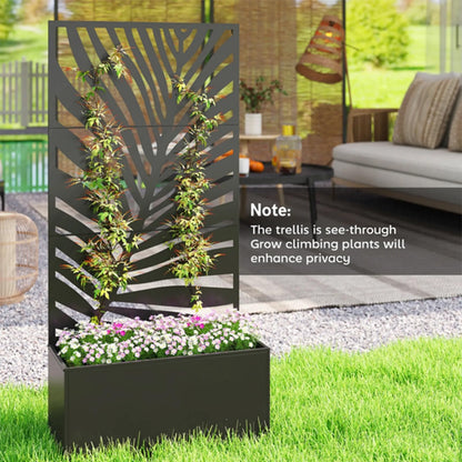 Amgalers Leaf Cutout Privacy Screen Planter Box with Trellis, Metal Raised Garden Bed for Patios, Balconies & Gardens(Large)