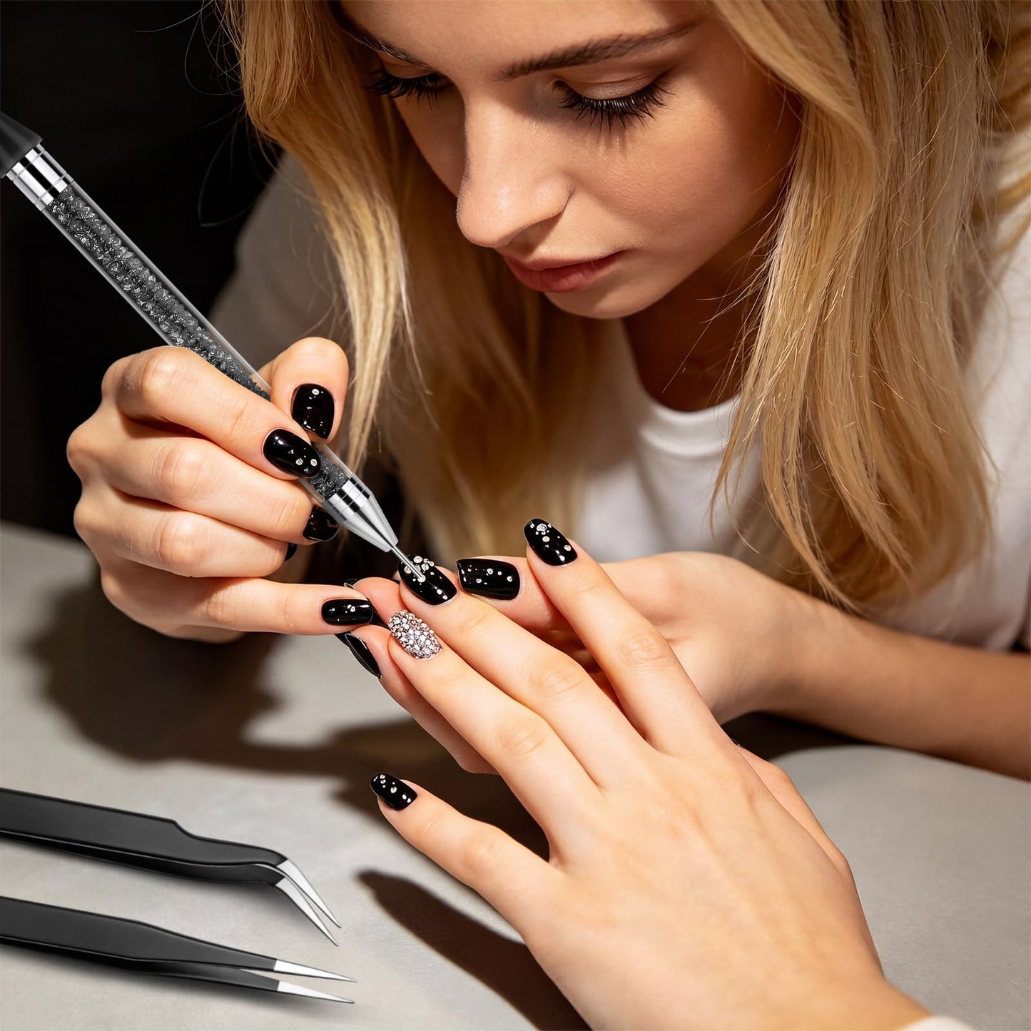 Tatuo 4 Set/26 Pcs Rhinestone Picker Tool Dotting Pen Dual-Ended Nail Art Rhinestones Applicator Gems Crystals Beads Picker Wax Pencil with 20 Wax Head 2 Tweezers DIY Nail Art Tool (Black)