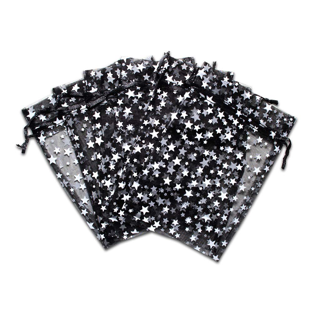 100-Pack 4x6 Sheer Organza Drawstring Gift Bags (Medium) - Metallic Stars (Black/White) - Wedding Party Favors, Jewelry, Candy, Treats Mesh Pouch by The Display Guys