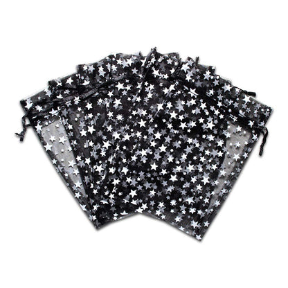 100-Pack 4x6 Sheer Organza Drawstring Gift Bags (Medium) - Metallic Stars (Black/White) - Wedding Party Favors, Jewelry, Candy, Treats Mesh Pouch by The Display Guys