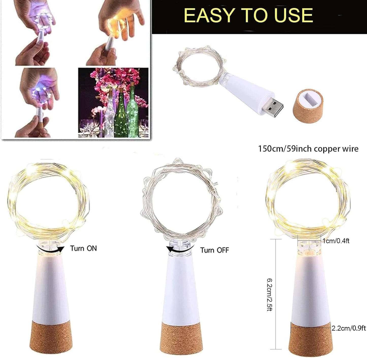 Ceepko USB Bottle Lights Rechargeable, Copper Wire Waterproof Fairy Cork String Lights for Party Halloween Christmas