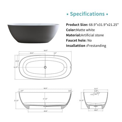 GDFStudio 69" Solid Surface Freestanding Bathtub, Matte White Stone Resin Soaking Tub with Overflow and Pop-Up Drain, Thick Edge Oval Stand Alone Deep Soaker Tub for Modern Bathroom Spa Relaxation