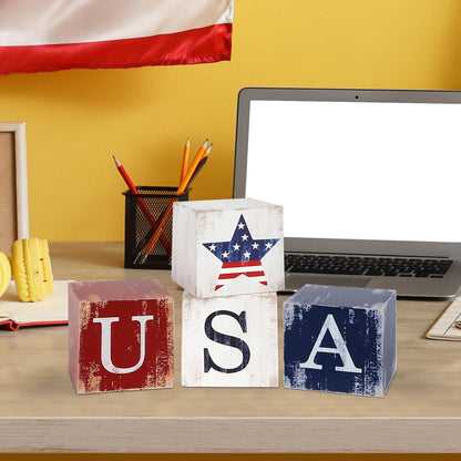 COCHIE 4th of July Decorations Wooden Stars, Patriotic Memorial Day Star Tiered Tray Decor Set of 4, Fourth of July Red White Blue Decoration for Home Office Table Shelf