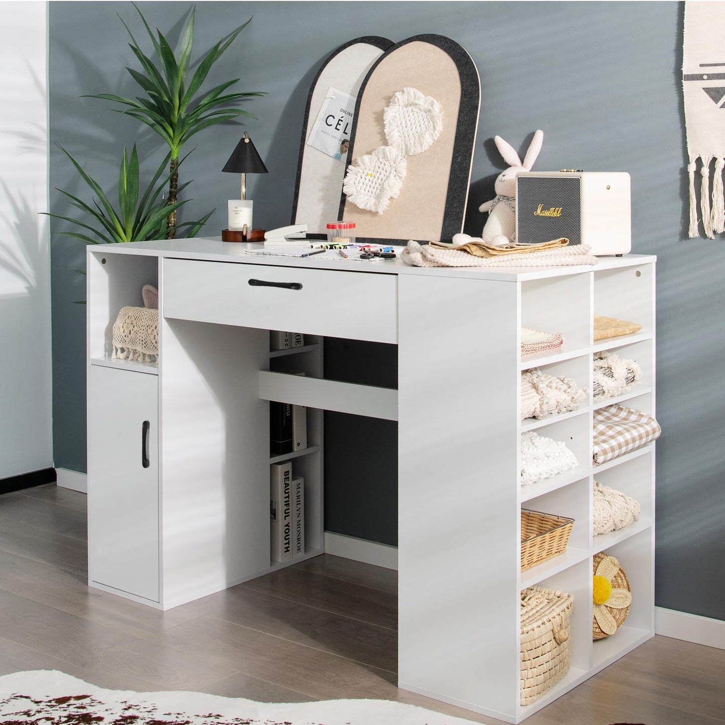 Giantex Craft Table with Storage, Artwork Sewing Table 14 Large & Small Storage Compartments, 1 Sliding Drawer, 1 Cabinet with 2 Shelves, 36'' Counter Height Drafting Writing Sewing Station Desk