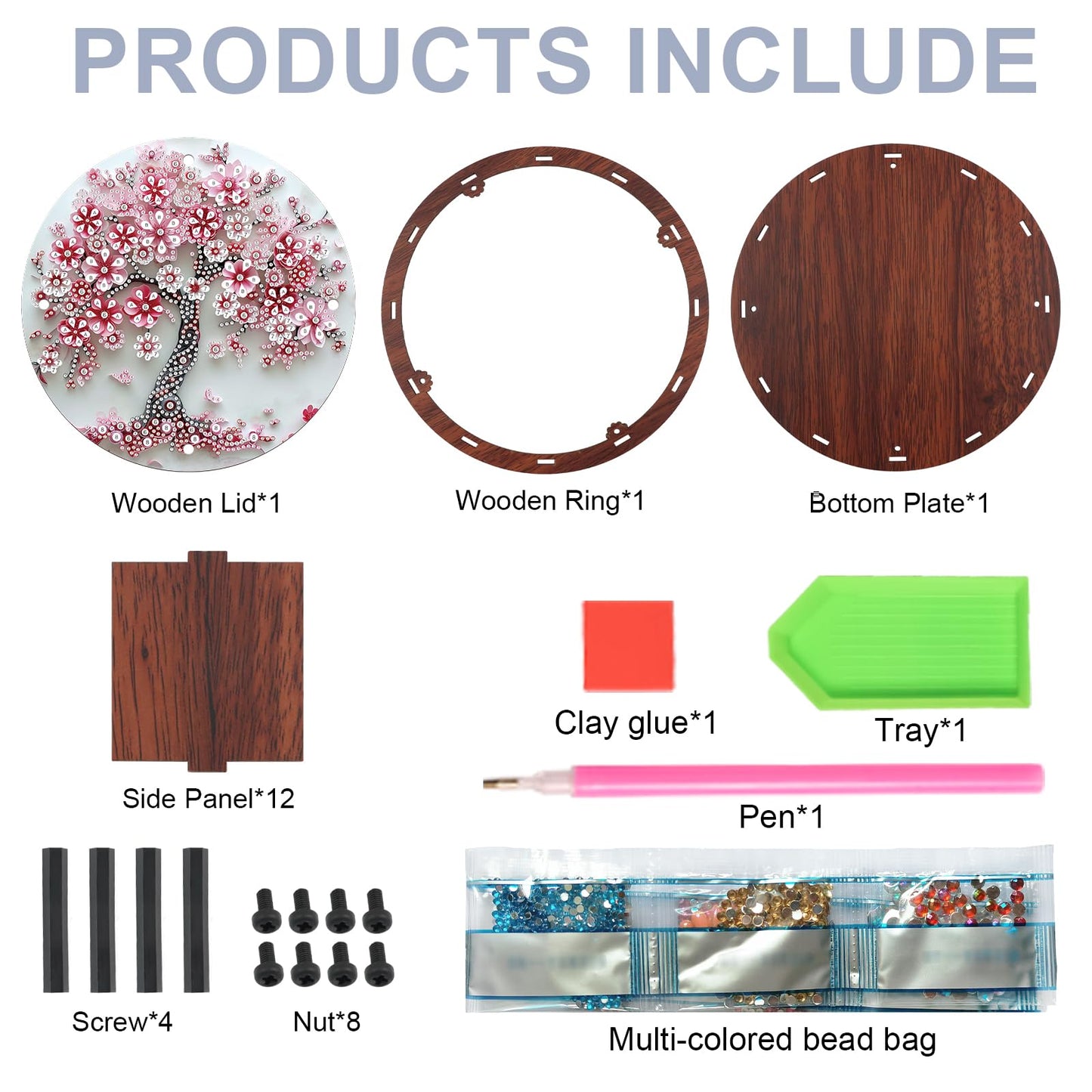 antor 5D Diamond Painting Snack Storage Box – Cherry Blossom Tree Design Round Wooden Container with Lid – Floral Elegant Crystal Rhinestone Art Craft Gift for Adults