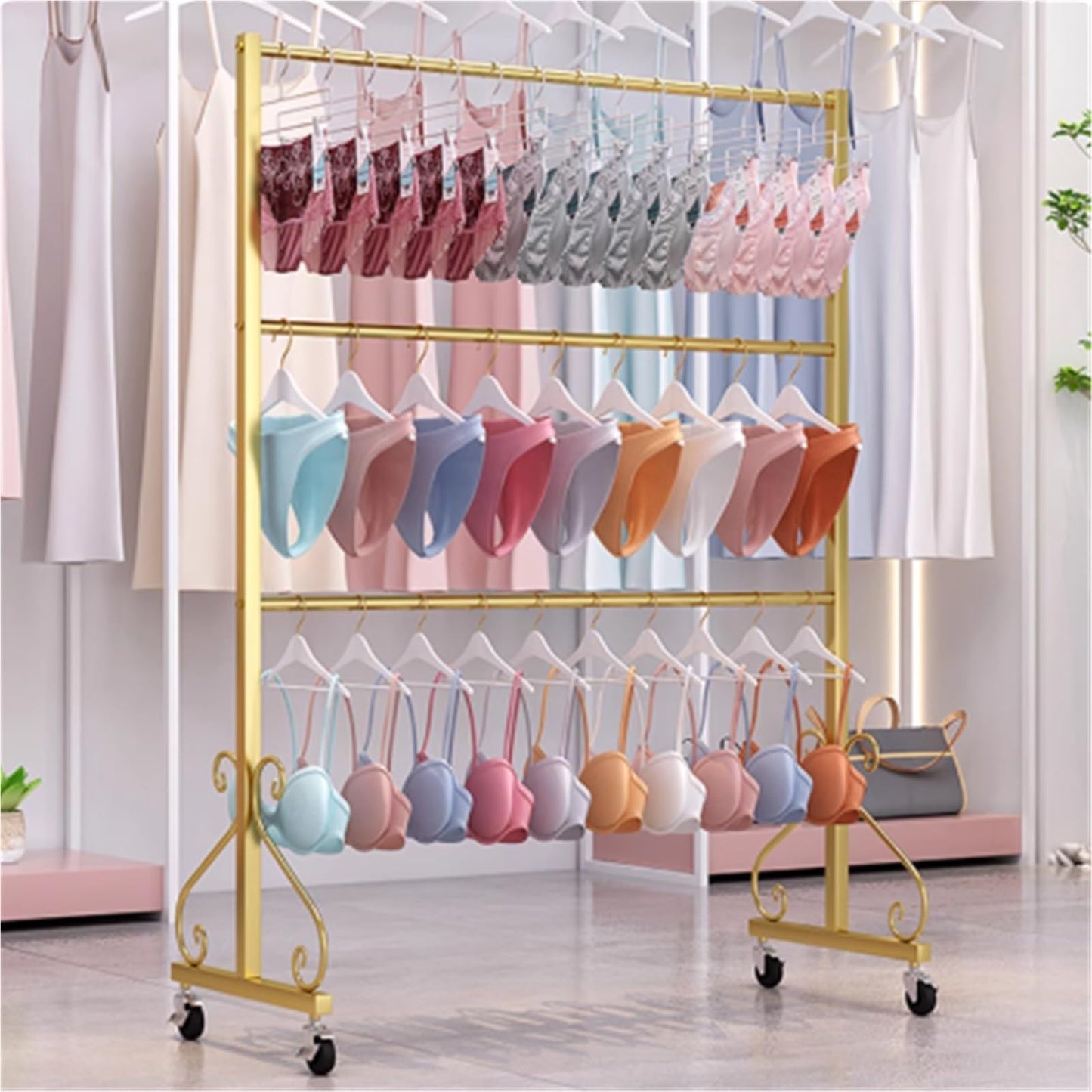 Lingerie Bra Rack Swimsuit Organizer Hanger, Anti-Slip, Underwear Display Stand with Wheels, Commercial Clothing Store Shelf, for Shorts,Hats, Sock, 3 Tier(Silver,120 * 40 * 130cm)