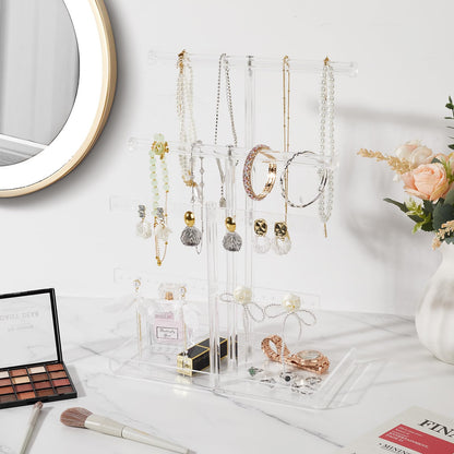 Acrylic Jewelry Organizer Stand with Tray, 4-Tier 14" Tall Tangle-Free Clear Jewelry Display Holder for Hanging Long Necklaces & Bracelets, 40 Earring Holes, Tower Tray Storage for Rings Watch Perfum